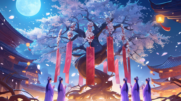 七夕节姻缘树树下祈福中国风插画