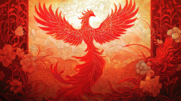 红金色国潮火凤凰神兽插画