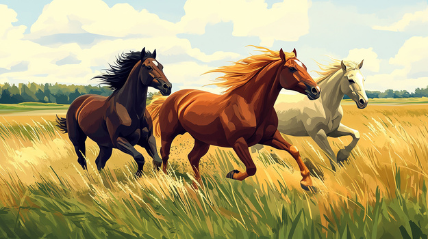 草原上奔腾的骏马插画