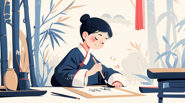 竹林古代小孩毛笔练字书法插画