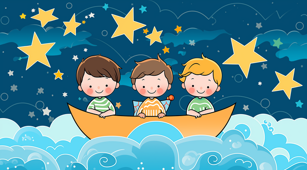 三个小朋友在小船上看星星卡通插画