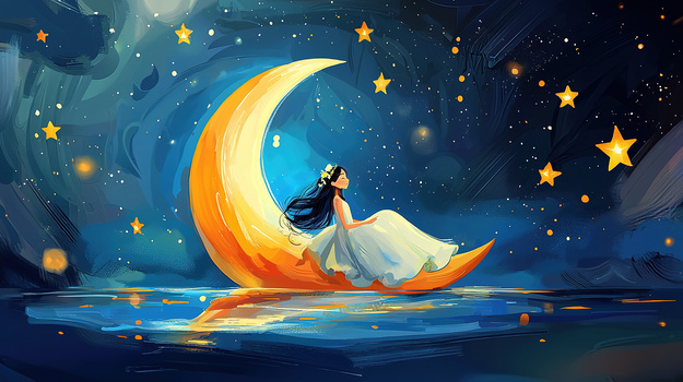 卡通治愈月亮小船背景背景图片素材