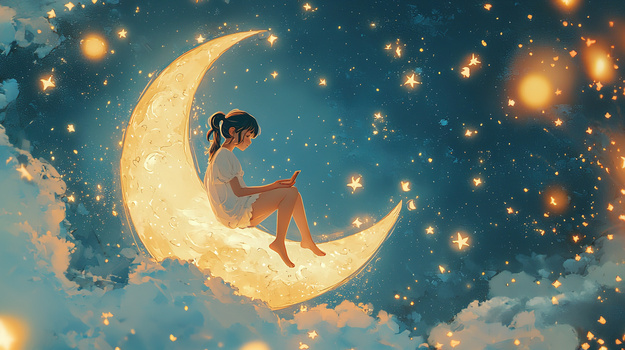 卡通治愈月亮小船背景背景图片素材