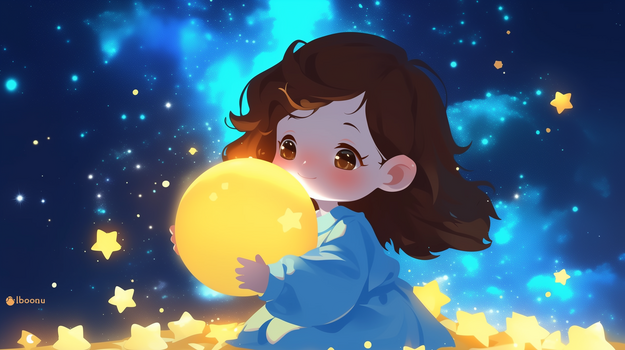 女孩在星空下抱着一个月亮治愈系插画