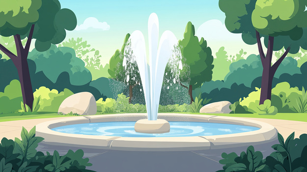 公园水池喷泉在喷水插画
