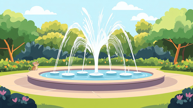 公园水池喷泉在喷水插画