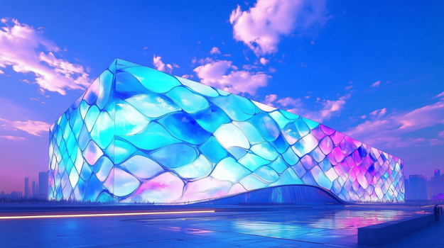 水立方体育馆手绘风格插画