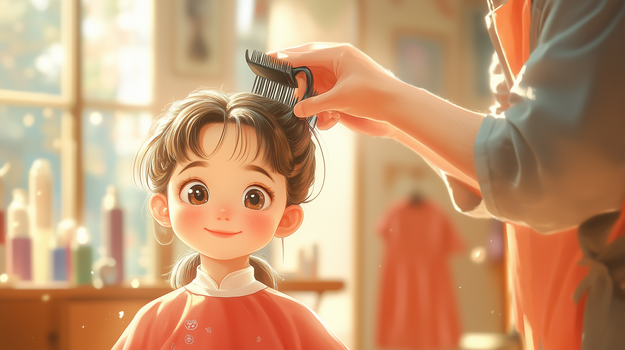 二月二龙抬头理发师在给小女孩理发插画