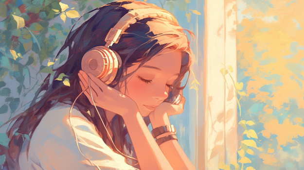 戴耳机听音乐卡通女孩插画