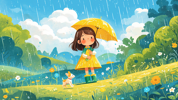 卡通女孩撑伞狗春雨下雨天雨水插画