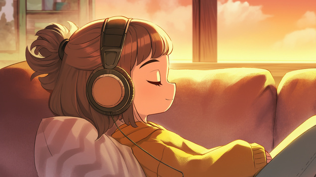 躺在沙发戴耳机听音乐卡通少女插画