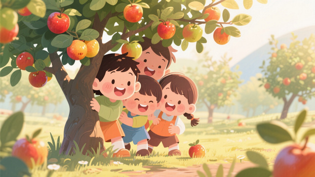 温暖色调的卡通插画可爱小朋友在果园里捉迷藏