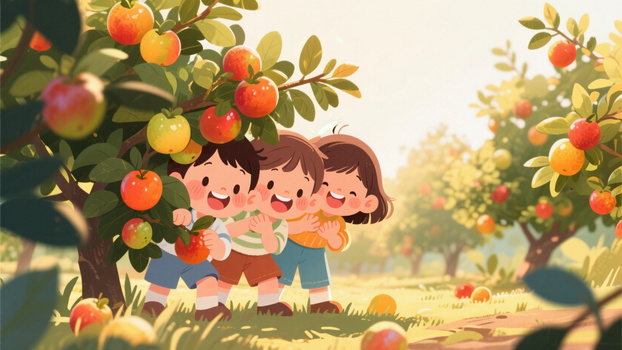 温暖色调的卡通插画可爱小朋友在果园里捉迷藏
