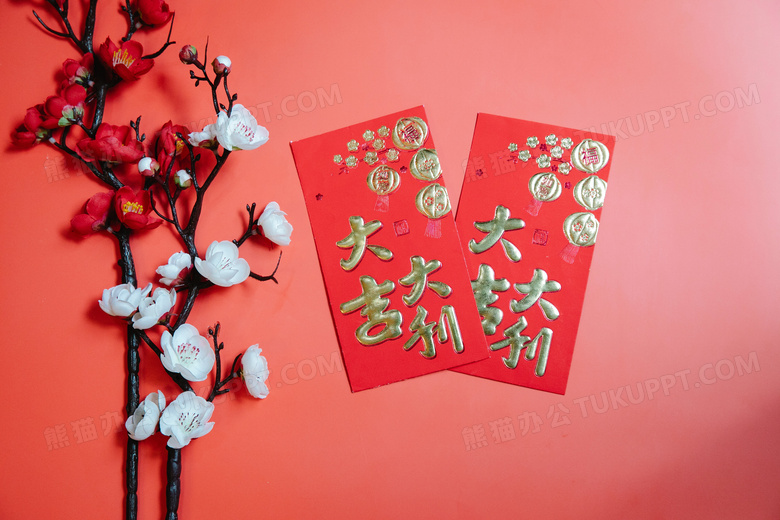 中国传统节日春节红包梅花背景图片