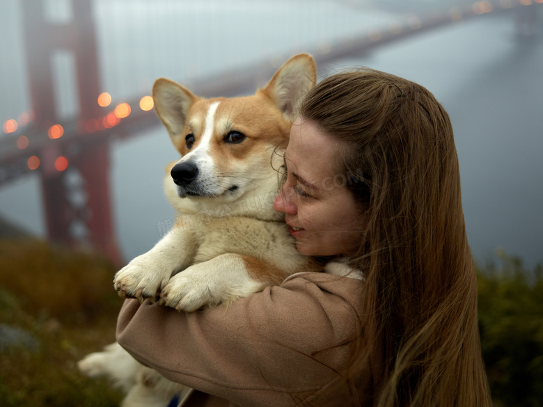 美女抱柯基犬图片