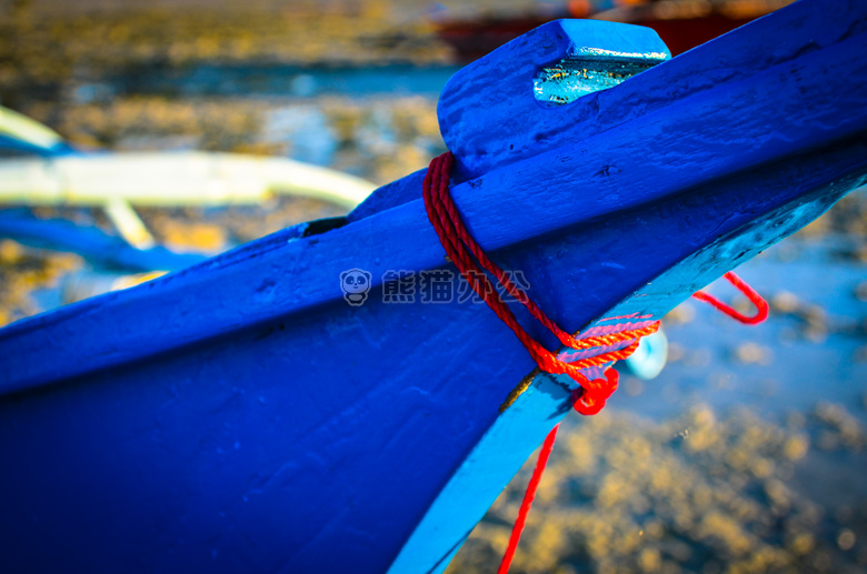 海滩 蓝色 独木舟