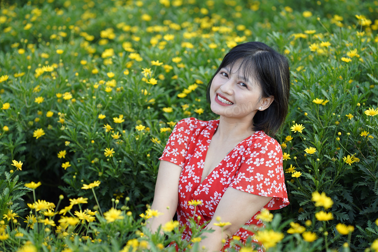 黄色菊花海美女写真图片