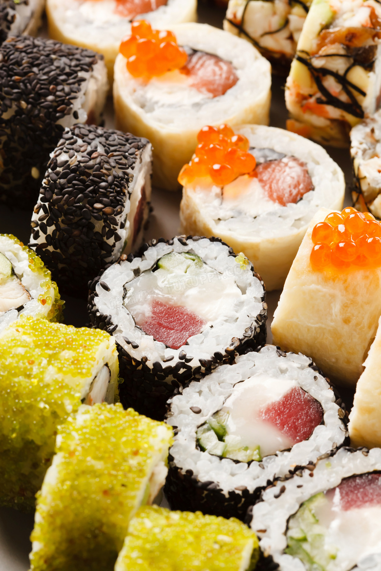 鱼子酱等多种口味寿司摄影高清图片