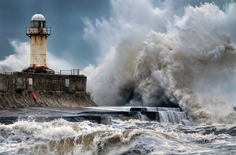 灯塔与汹涌澎湃的海浪摄影高清图片