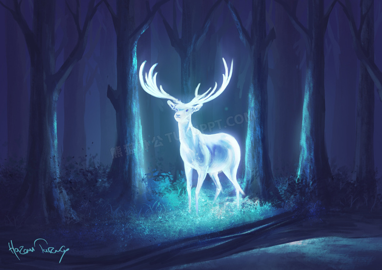 森林中发光的梅花鹿绘画设计图片