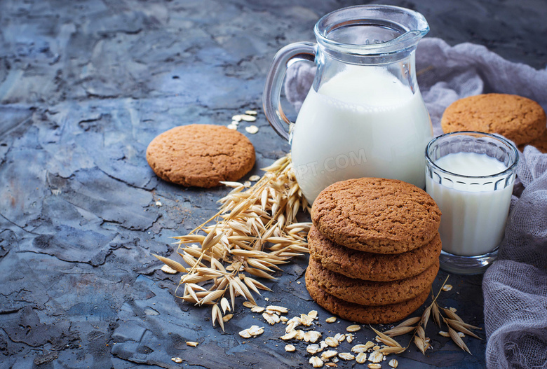 饼干燕麦与牛奶等营养膳食高清图片