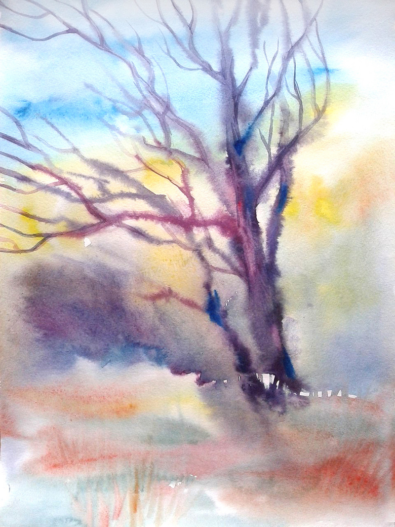 秋冬季节荒凉大树水彩绘画高清图片