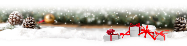 雪景中的松果与礼物盒摄影高清图片