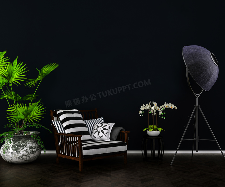 黑色背景绿植沙发渲染效果高清图片