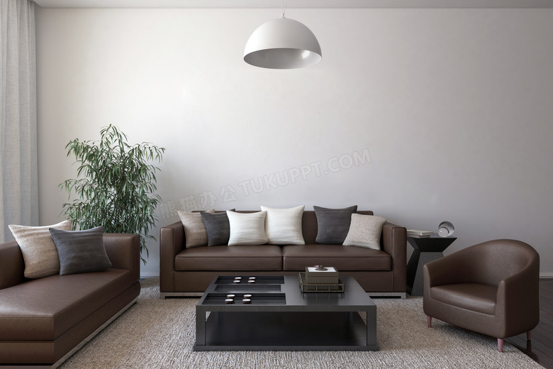 客厅沙发与绿叶植物等渲染效果图片