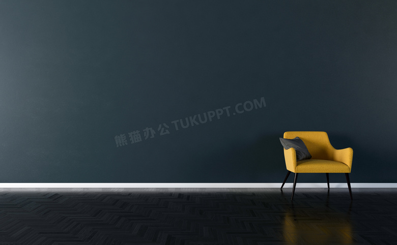 黑色墙壁与黄色沙发椅渲染效果图片