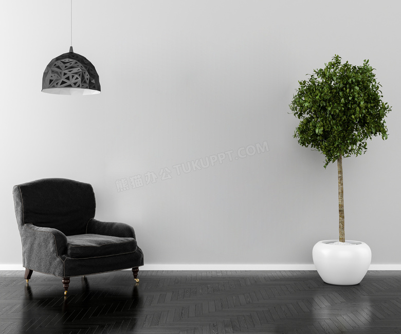 吊灯绿植与黑色的沙发渲染效果图片