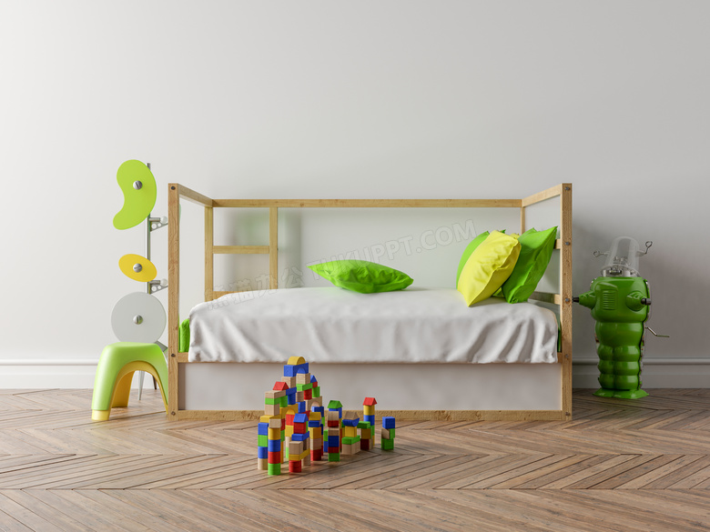 房间积木玩具与儿童床渲染效果图片