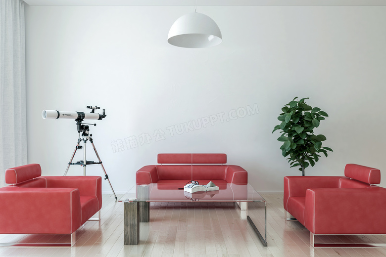 房间望远镜与红色沙发渲染效果图片