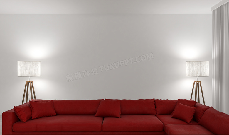 落地灯与红色的组合式沙发摄影图片