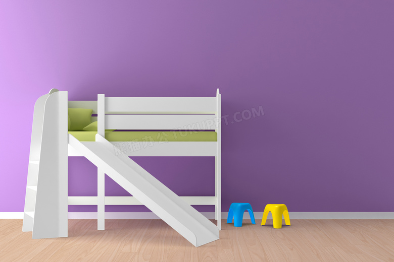 紫色背景墙与滑梯床渲染图高清图片