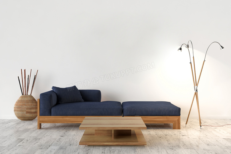 木质布艺沙发与落地灯渲染效果图片