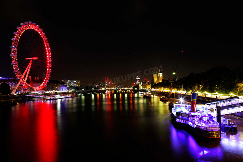 泰晤士河畔伦敦眼美丽夜景摄影图片