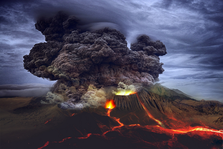 冒着岩浆与浓烟的火山摄影高清图片