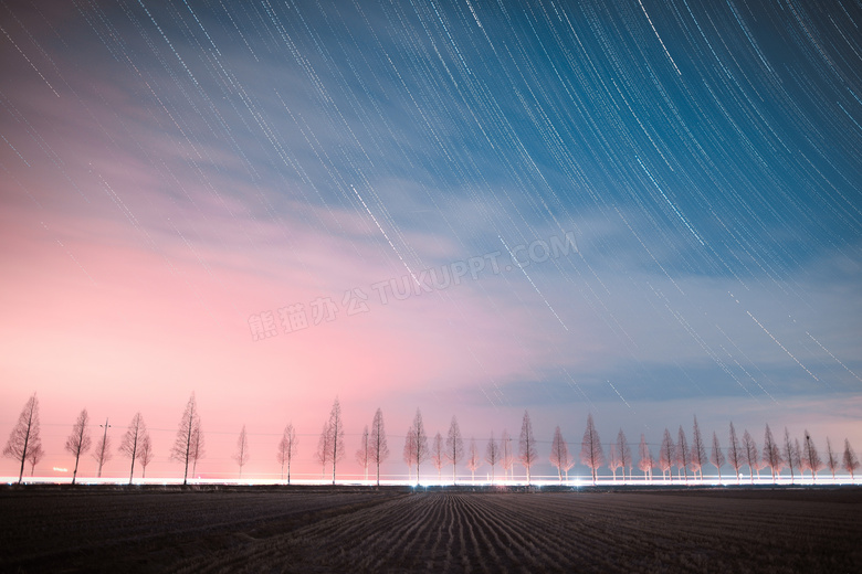 田园树木与夜空星轨等摄影高清图片