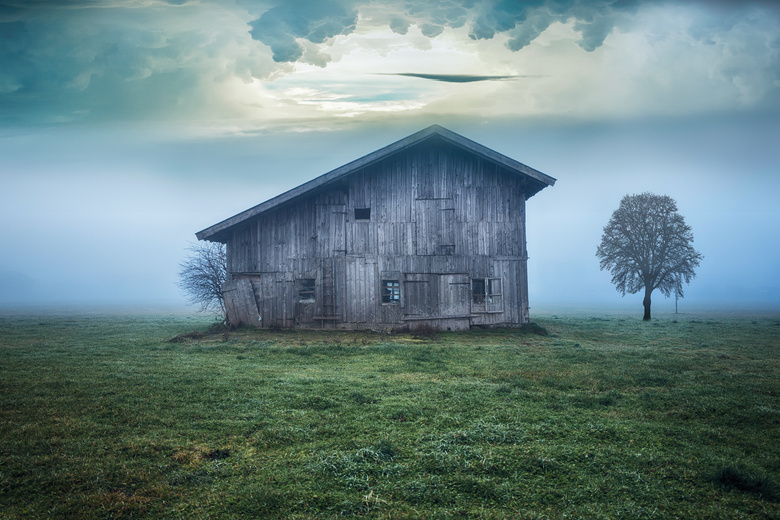 草地与浓雾中的小木屋摄影高清图片
