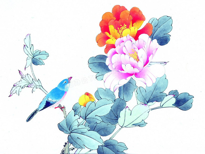 花卉植物上的蓝色小鸟绘画高清图片