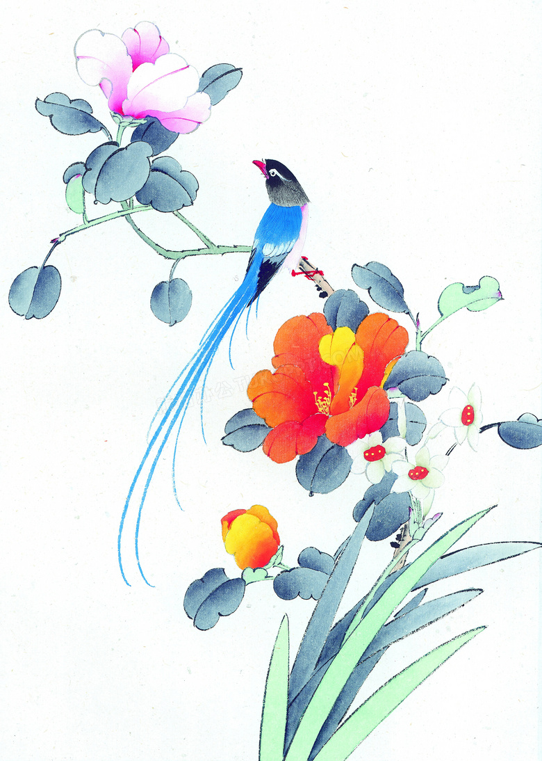 鲜艳花卉植物上的蓝色小鸟绘画图片