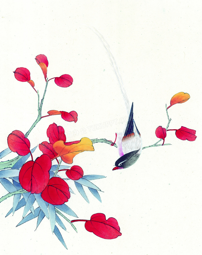 红叶枝头上的小鸟绘画创意高清图片