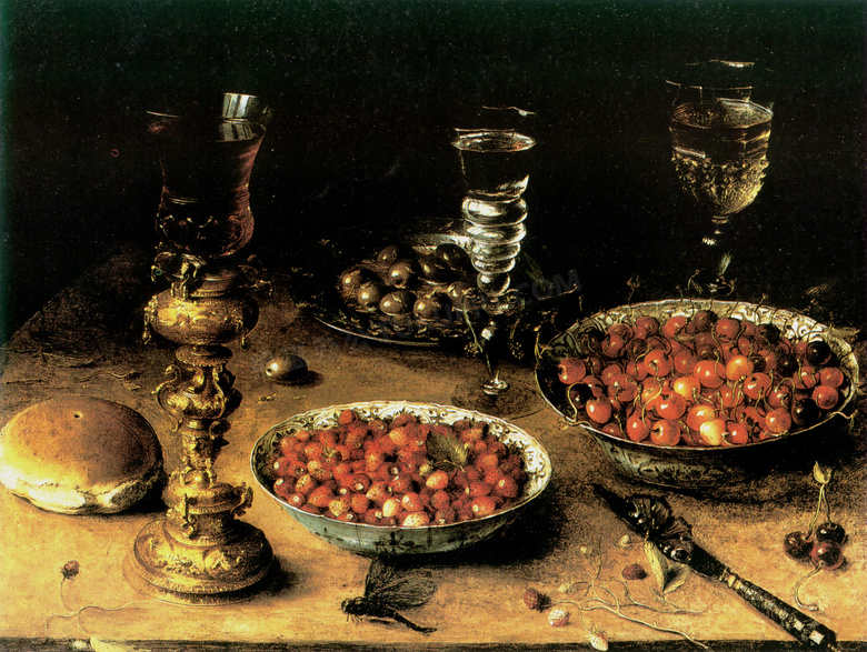 桌上的酒具器皿与水果绘画高清图片