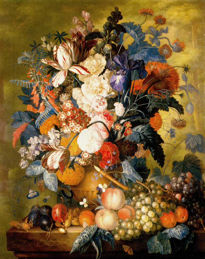 水果与花瓶里的花油画创意高清图片