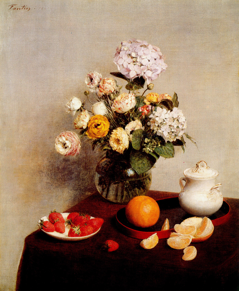 靠墙桌上的水果与花瓶绘画高清图片