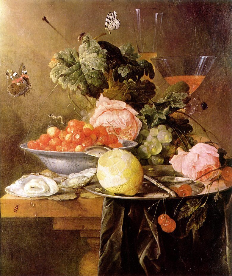 桌上的水果与蝴蝶鲜花绘画高清图片