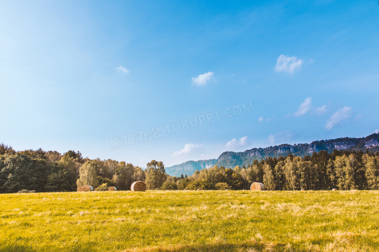 蓝天白云大山树丛草地摄影高清图片