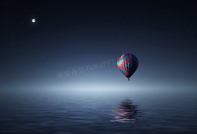 夜晚明月与热气球风光摄影高清图片