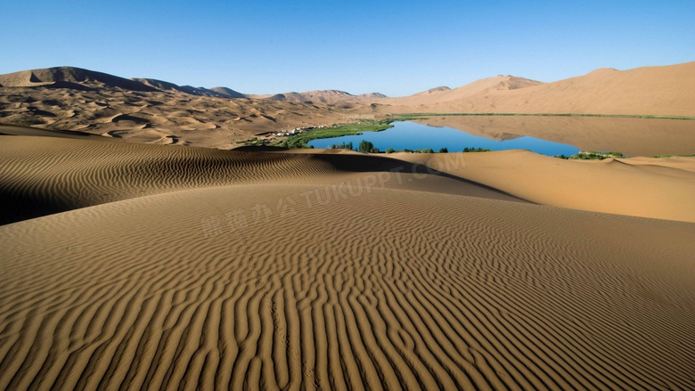 蓝天与沙漠之中的绿洲摄影高清图片